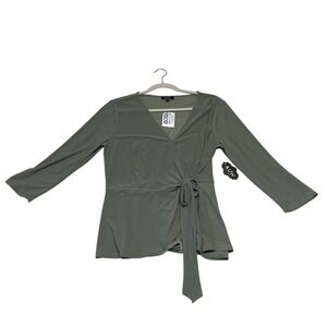 AUW Wrap Top Olive Green Long Sleeve Tie Waist Knit Peplum Shirt Size M‎